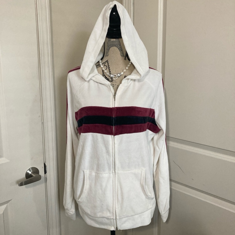Mandarine Women’s Cream Full Zip Hoodies with Burgundy Black Stripes
